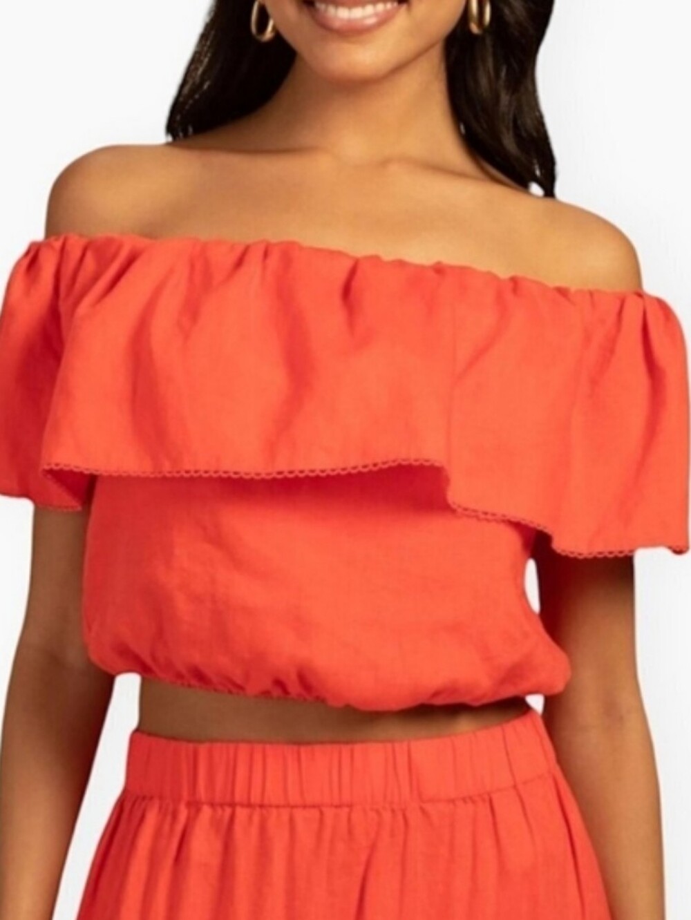 Trina Turk Coral Off-Shoulder Ruffle Crop Top Coral Color